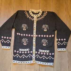 Vintage PUCCINI Decorated Wool Blend Cardigan Sz L